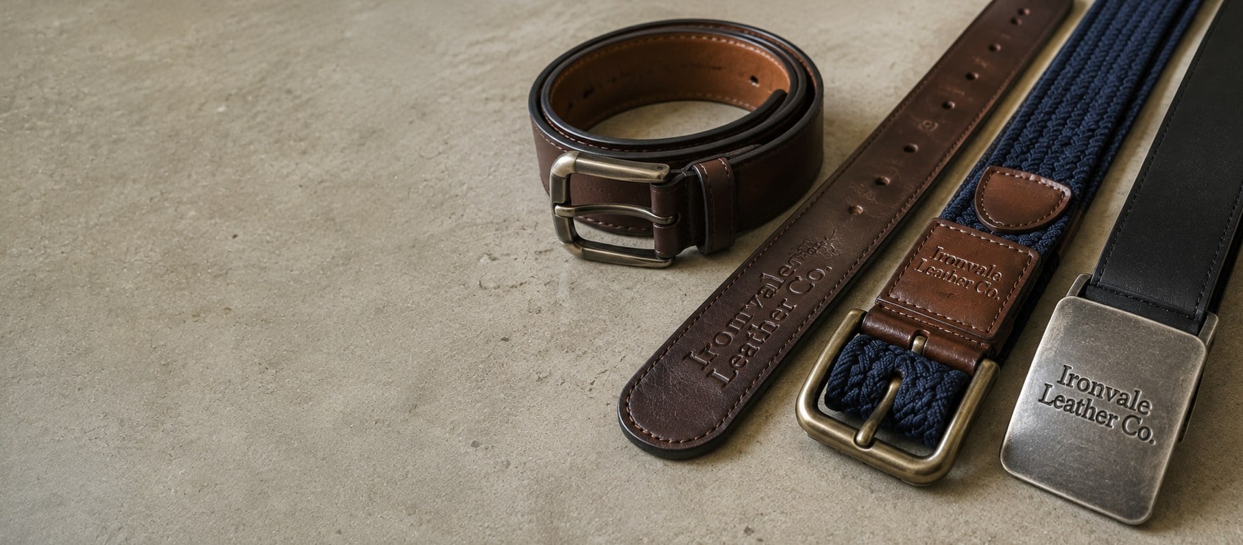 Custom printed belts with an embossed logo rolled on a workbench